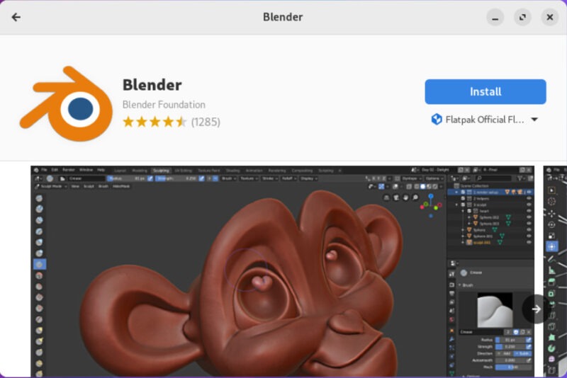 A screenshot showing the Blender Flatpak Store page in Nobara Linux.