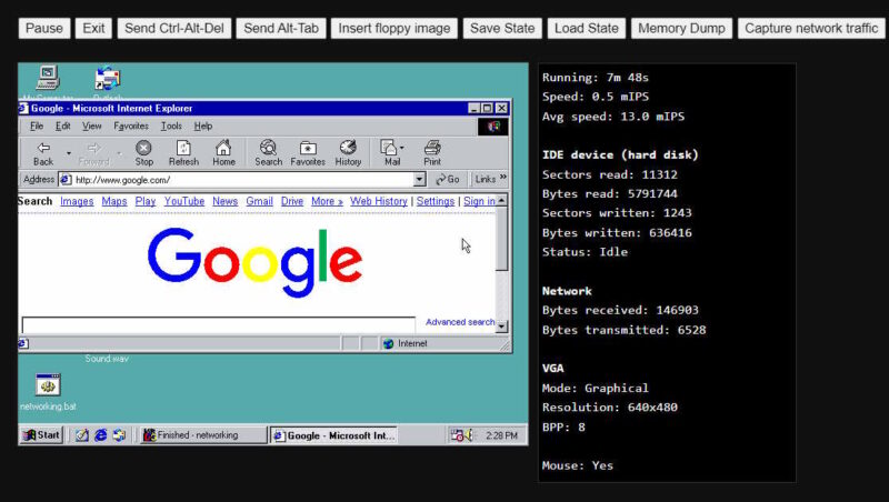 Windows 98 emulator desktop view with Internet Explorer opened.