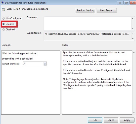Delaying restart for scheduled installations enabled in Local Group Policy Editor.