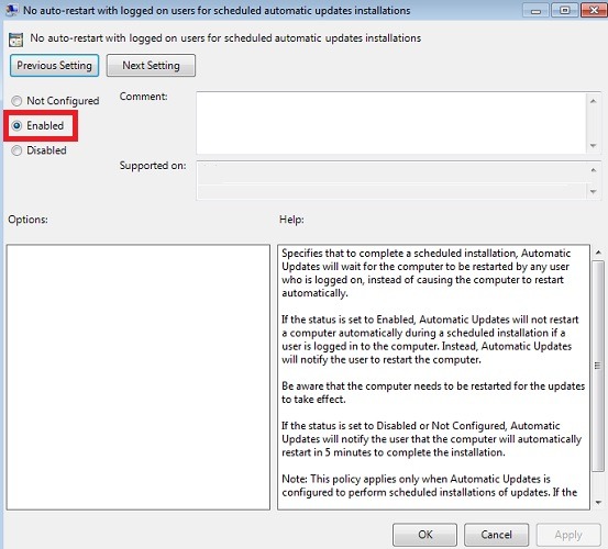 NoAutoRestart for logged on users enabled in the Local Group Policy Editor.
