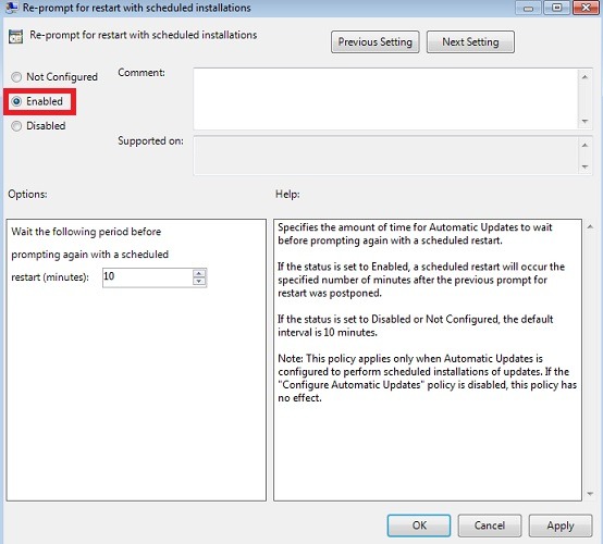 Enabling "Re-prompt for restart with scheduled installations" in Local Group Policy Editor.