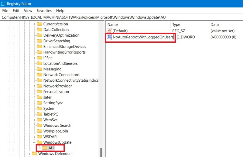 NoAutoReboot and AU entries in Registry Editor under WindowsUpdate key.