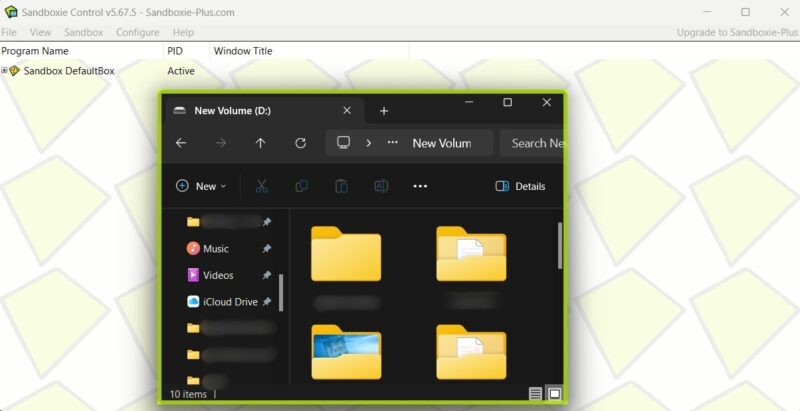 Sandboxie app view running on Windows PC.