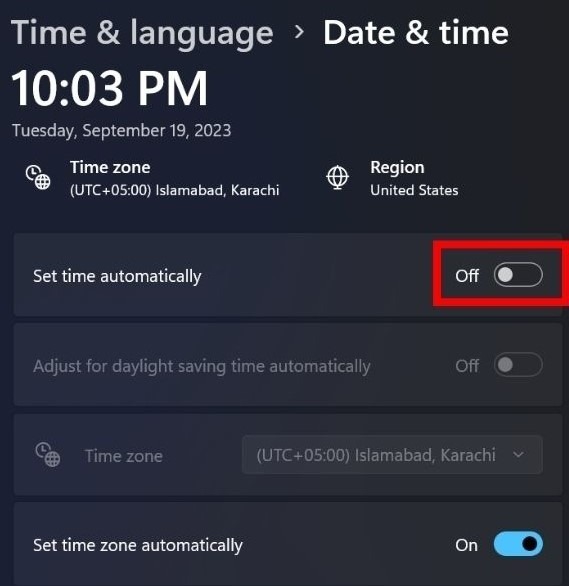 Enabling "Set time automatically" toggle under "Date & time" in Windows. 