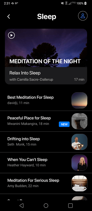 Sleep meditations on one of the best premium calming mobile apps, Unplug