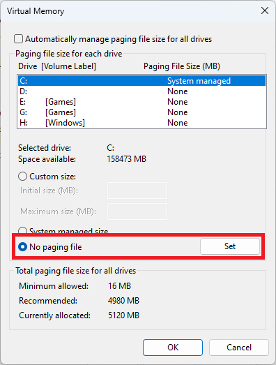Change Pagefile Size And Location Windows No Paging File