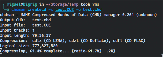 Compression of CUE/BIN combination into CHD file.