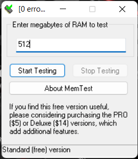 HCI MemTest run test screenshot