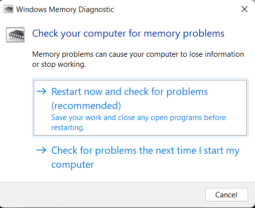 Windows Memory Diagnostic Tool screenshot