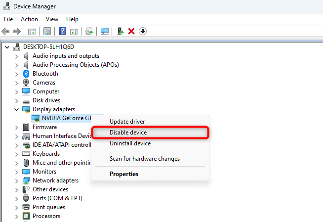 Clicking on "Disable device" after right-clicking display adapter in Device Manager.