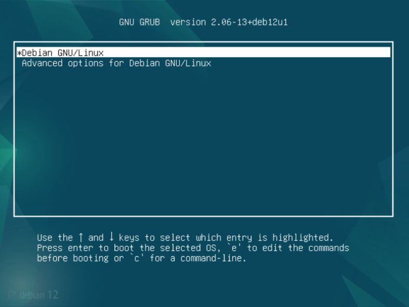 A screenshot showing the default GRUB output for Debian 12.