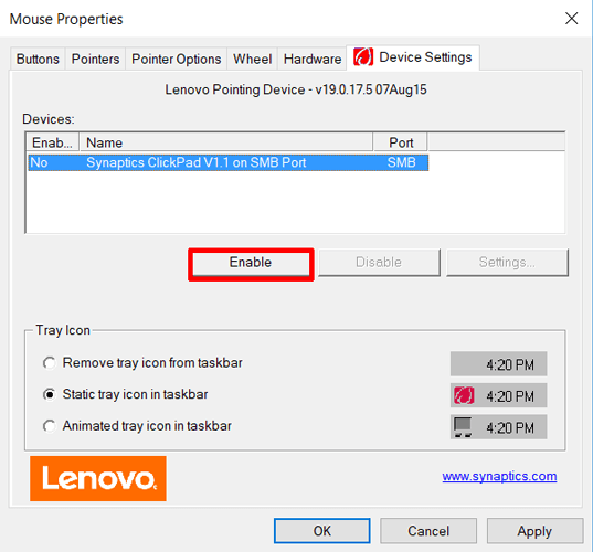 Mouse properties showing touchpad enable settings