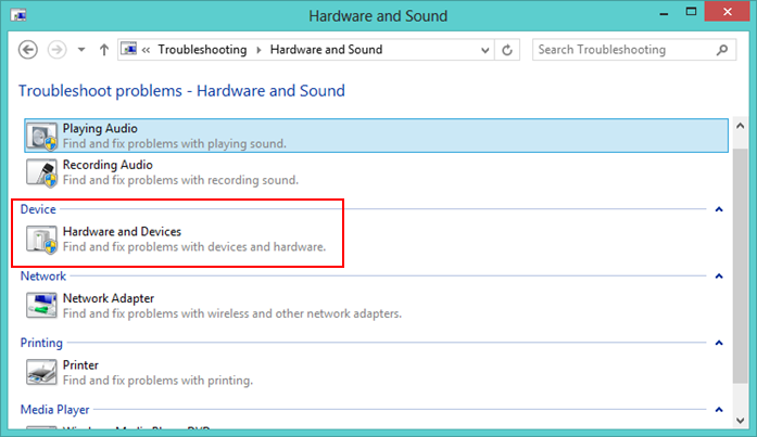 Selecting "Hardware and Devices" under Troubleshoot Problems in Control Panel.