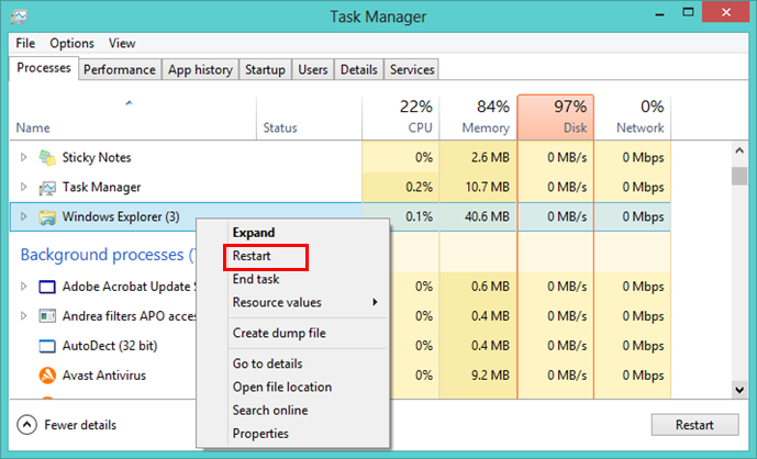 Clicking "Restart" button for Windows Explorer in Task Manager.
