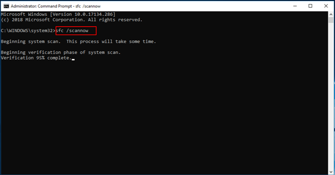 Running SFC scan in Command Prompt.