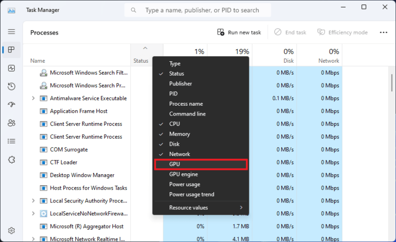 Task Manager screen showing the Processes tab