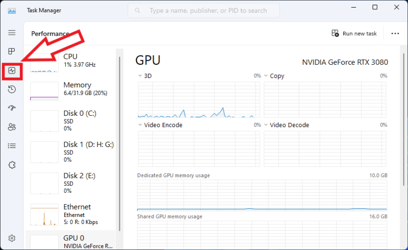 Task Manager screen showing the Performance tab and GPU section