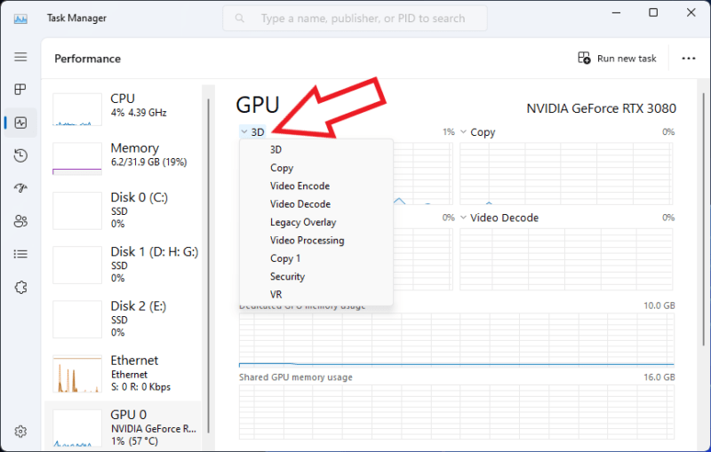 Task Manager screen showing Performance tab and GPU usage graphs