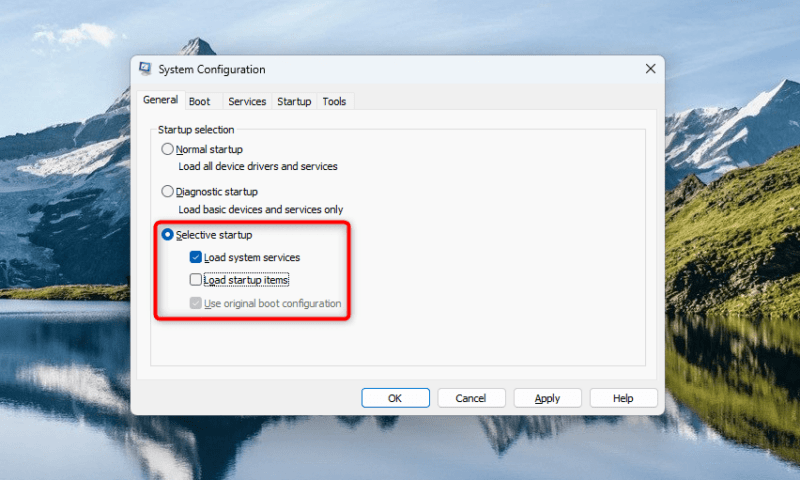 Checking "Load system services" option in System Configuration window.
