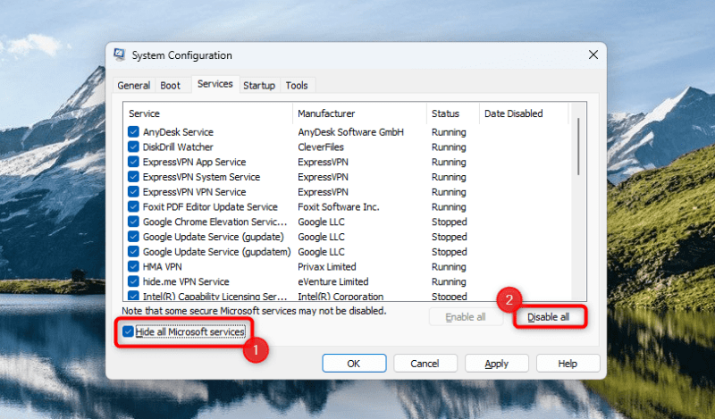 Clicking "Disable all" button in System Configuration window.