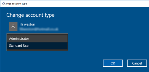 Changing account type to administrator via Windows Settings. 
