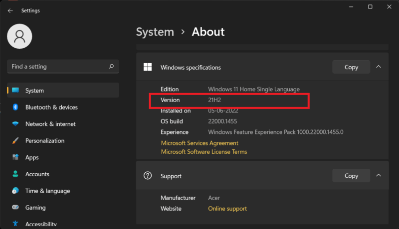 Windows 11 settings showing Windows specifications
