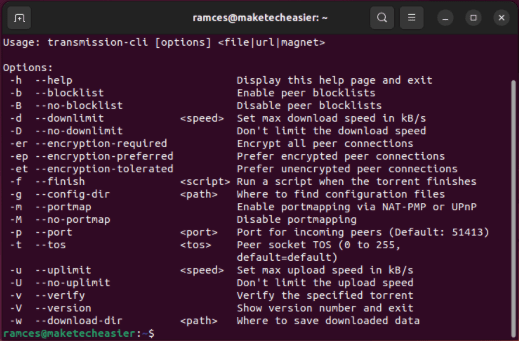 A terminal showing the help screen for Transmission CLI.