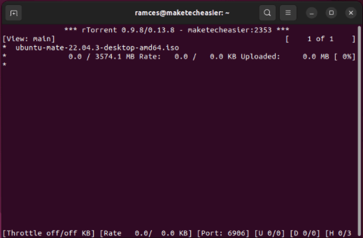 A terminal showing rTorrent actively downloading the Ubuntu MATE LTS torrent.