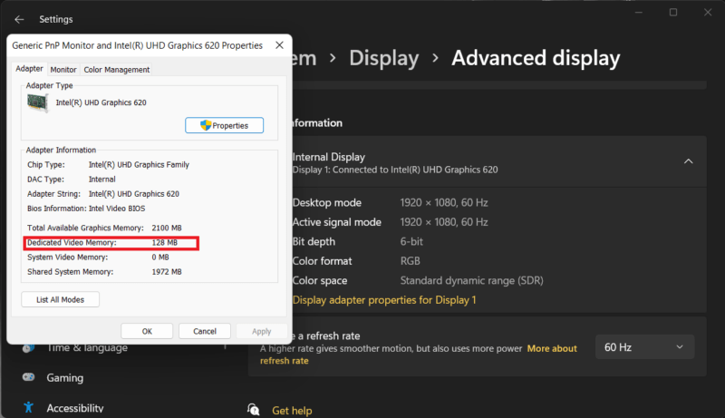 Windows display settings video memory