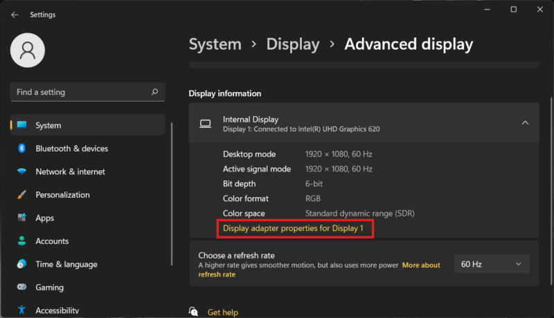 Windows advanced display settings adapter properties