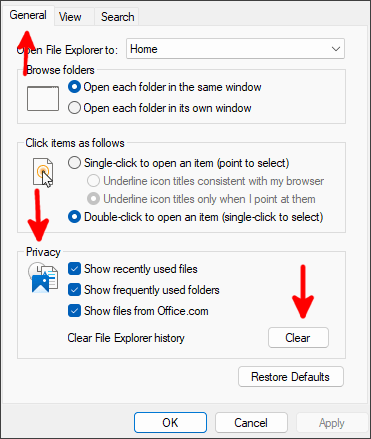 Removing history permanently from Windows File Explorer in Windows 10/11 in the General tab.
