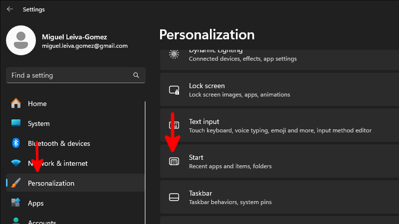 Where to find the Start submenu inside Personalization settings in Windows 11.