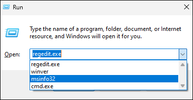 The "Run" dialog in Windows 11, displaying a prefilled command history.